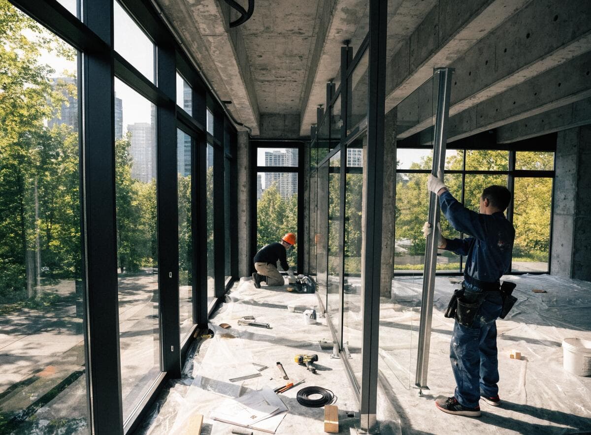 Workers installing glass partition walls in a Vancouver office renovation