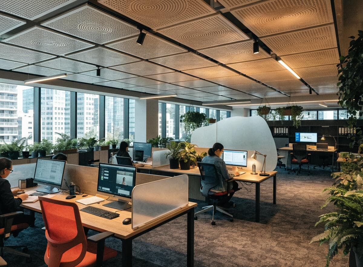Completed modern collaborative office space in Vancouver with acoustic ceiling and open workstation pods
