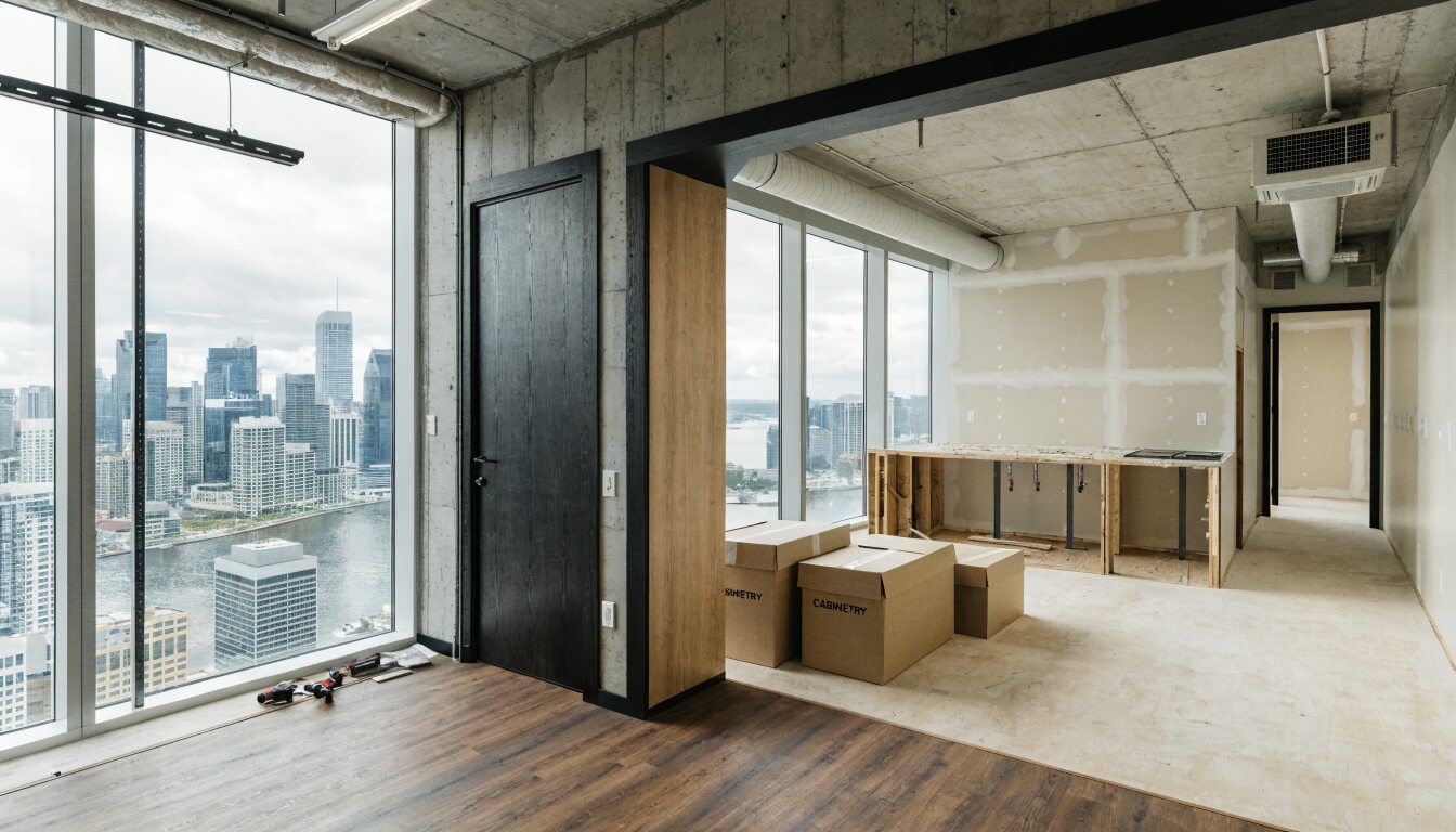 Vancouver high-rise condo interior mid-renovation with city skyline visible through floor-to-ceiling windows, new drywall and staged cabinetry