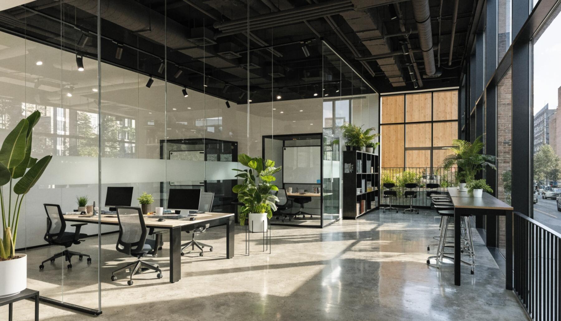Modern open-plan office renovation in Vancouver with glass partition walls and collaborative workspaces