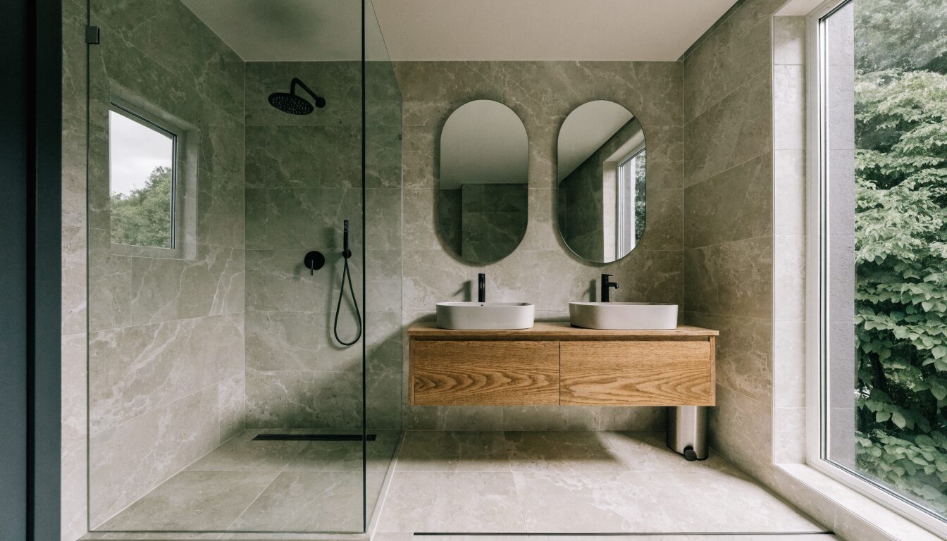 Modern bathroom renovation in a Burnaby home: large-format tile, wall-mount vanity, and frameless glass enclosure.