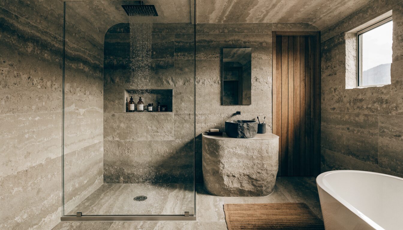 Primary suite bathroom in a North Vancouver hillside home: large-format tile, wet-room shower, and frameless glass with mountain views.