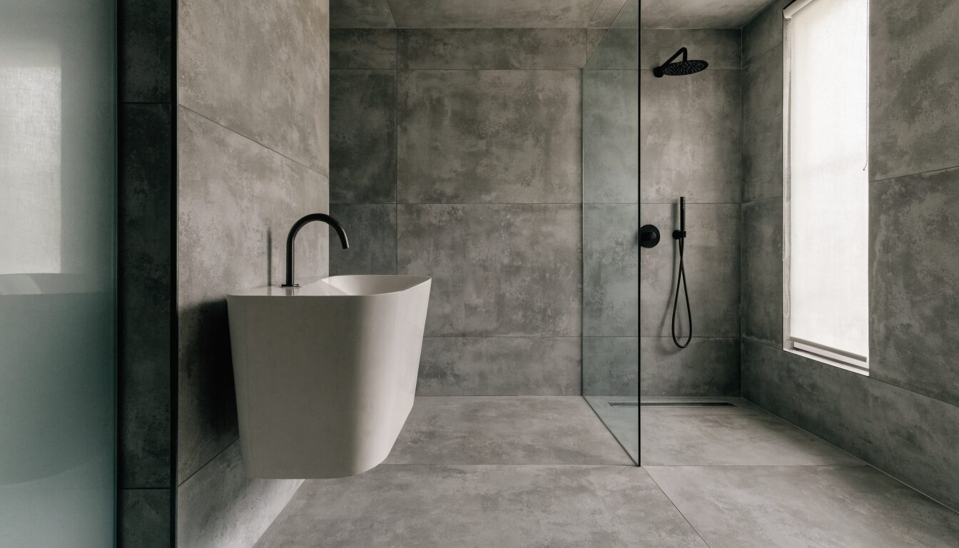Bathroom renovation in a Richmond BC home: heated tile floor, floating vanity, and frameless glass enclosure.