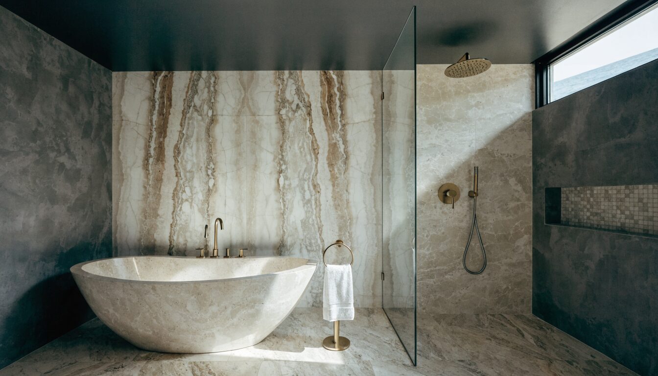High-specification primary suite bathroom in a West Vancouver home: freestanding tub, stone tile, frameless glass, and ocean view window.
