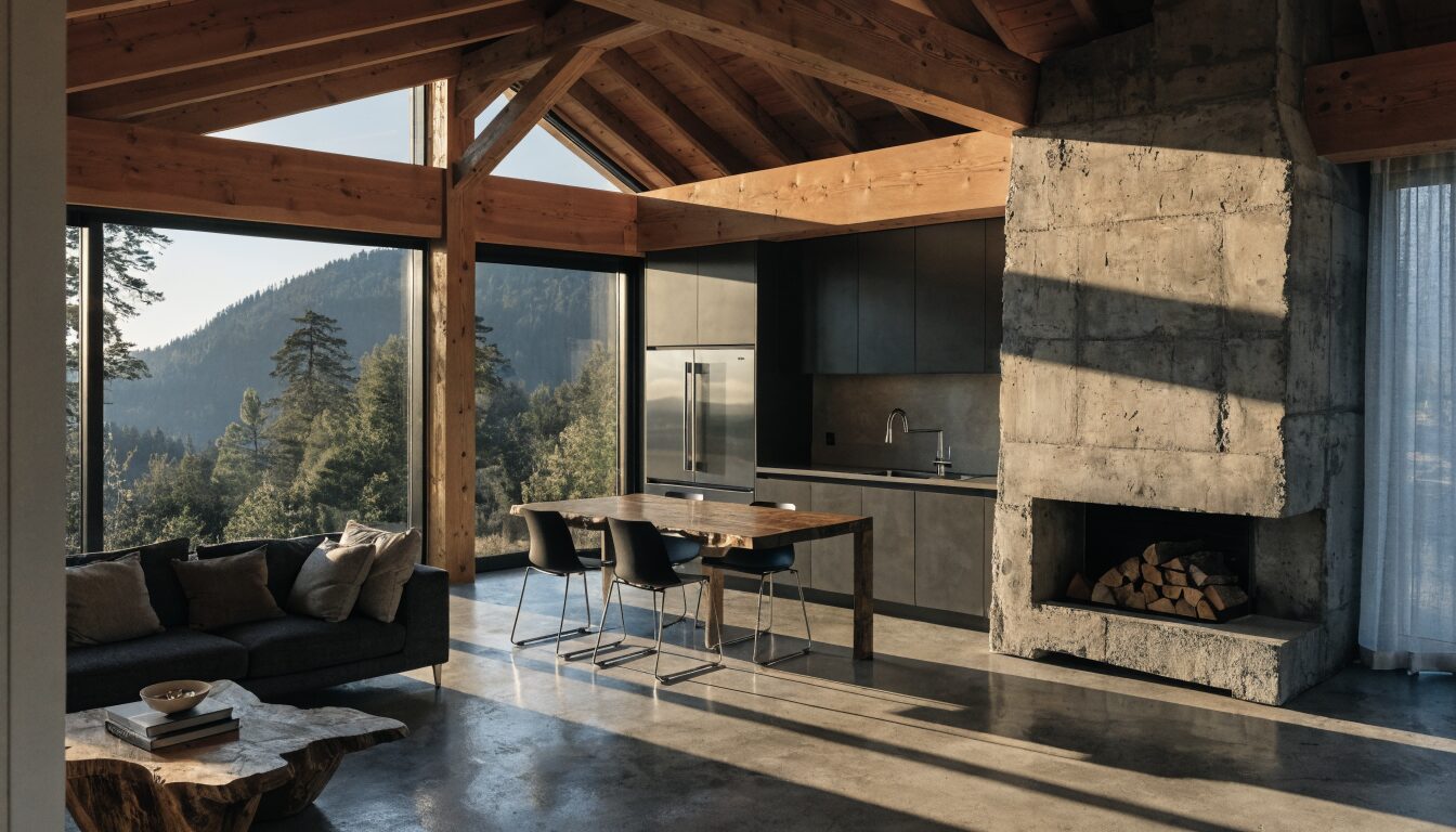 Renovated open-plan home interior in North Vancouver with mountain views through large windows and updated kitchen.