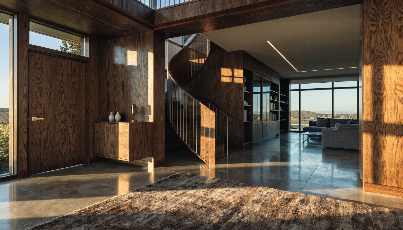 Renovated open-plan interior in a West Vancouver home: contemporary kitchen, floor-to-ceiling glass, and ocean view in the background.