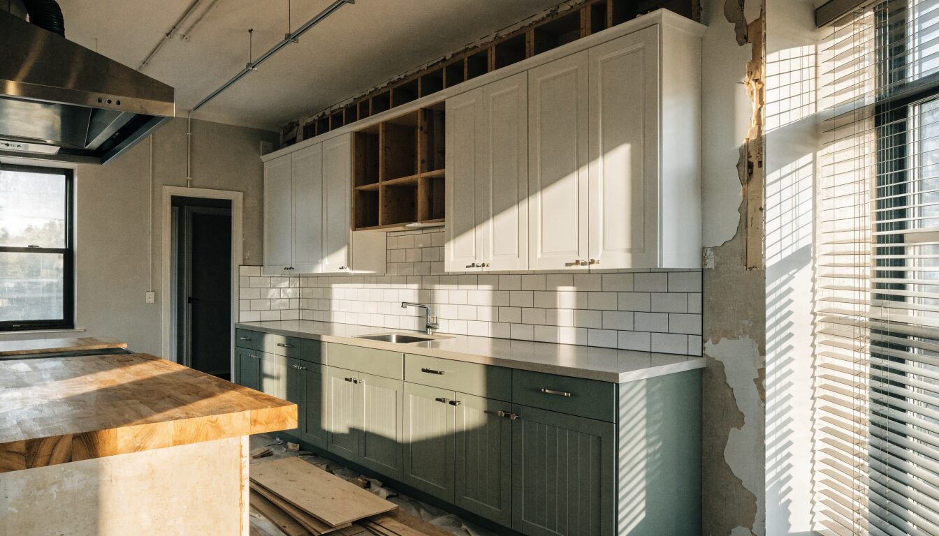 Modern kitchen renovation in a Coquitlam home: quartz island, custom cabinetry, and hardwood floors with views of the valley.