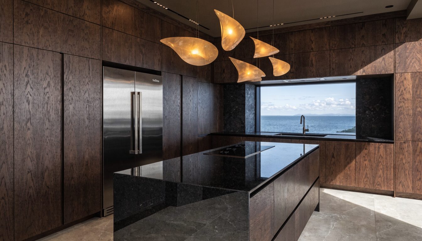 High-specification kitchen renovation in a West Vancouver home: custom cabinetry, stone countertops, and floor-to-ceiling windows with ocean view.