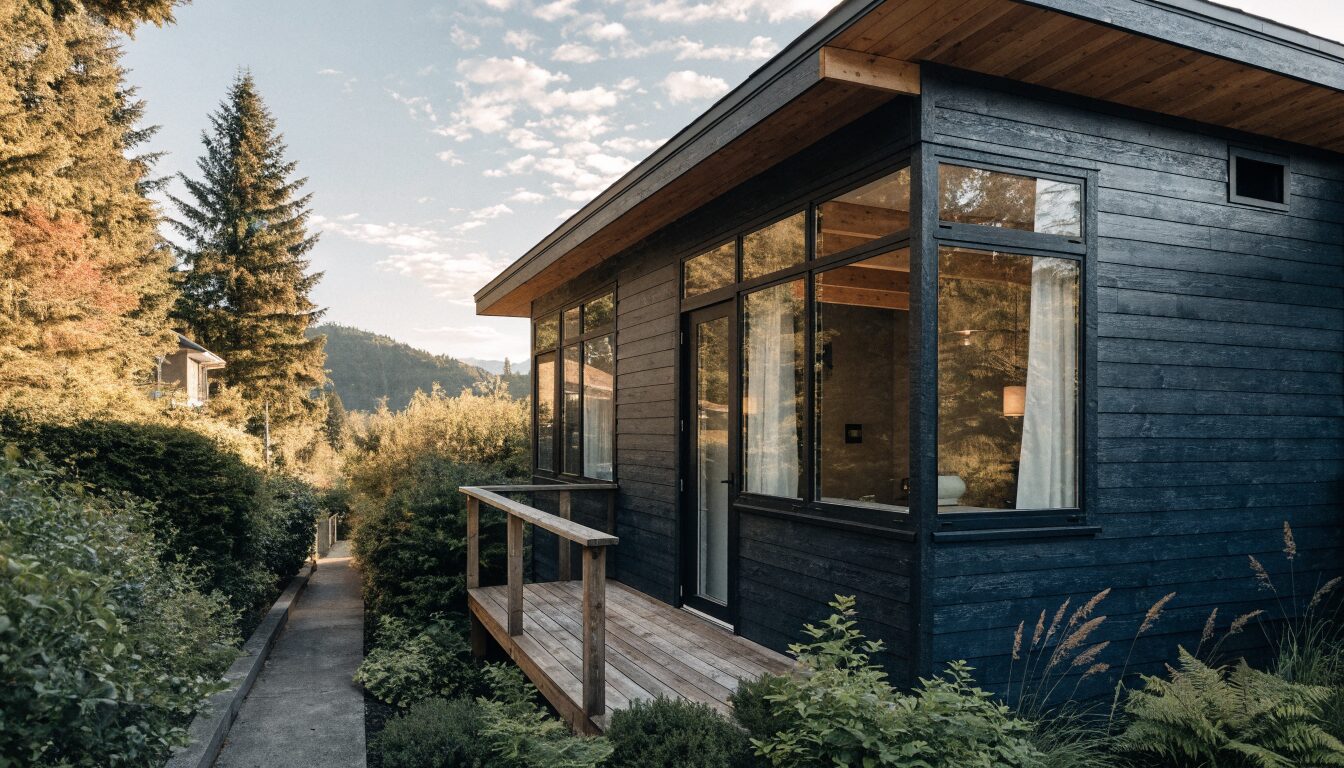 Laneway house or coach suite in North Vancouver BC: compact detached dwelling facing a rear lane with mountain backdrop.