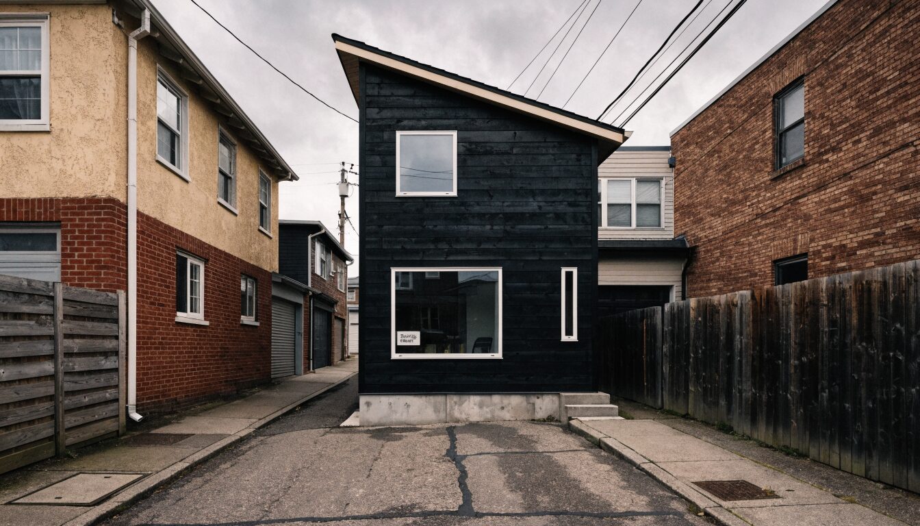 Custom laneway house in Vancouver BC: compact contemporary design with wood cladding facing the rear lane.