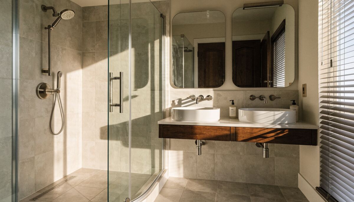 Completed mid-range primary bathroom in Vancouver with frameless glass shower, double vanity, and large-format tile