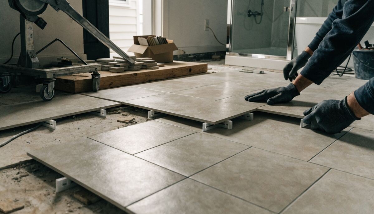 Large-format porcelain tile being laid on a bathroom floor with spacers, professional installation in progress