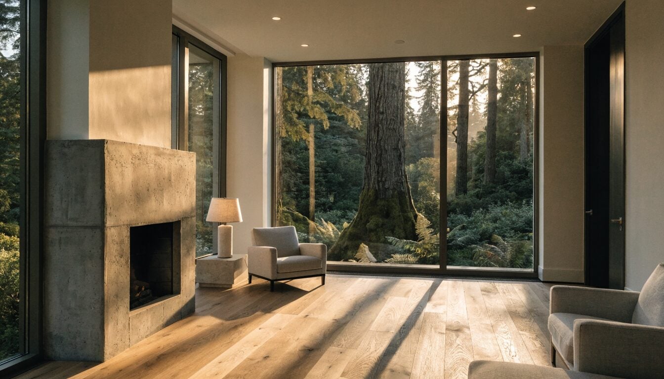 Completed Vancouver West Coast contemporary home renovation, floor-to-ceiling windows with cedar view, wide-plank oak floors, showing a large single-scope project delivered
