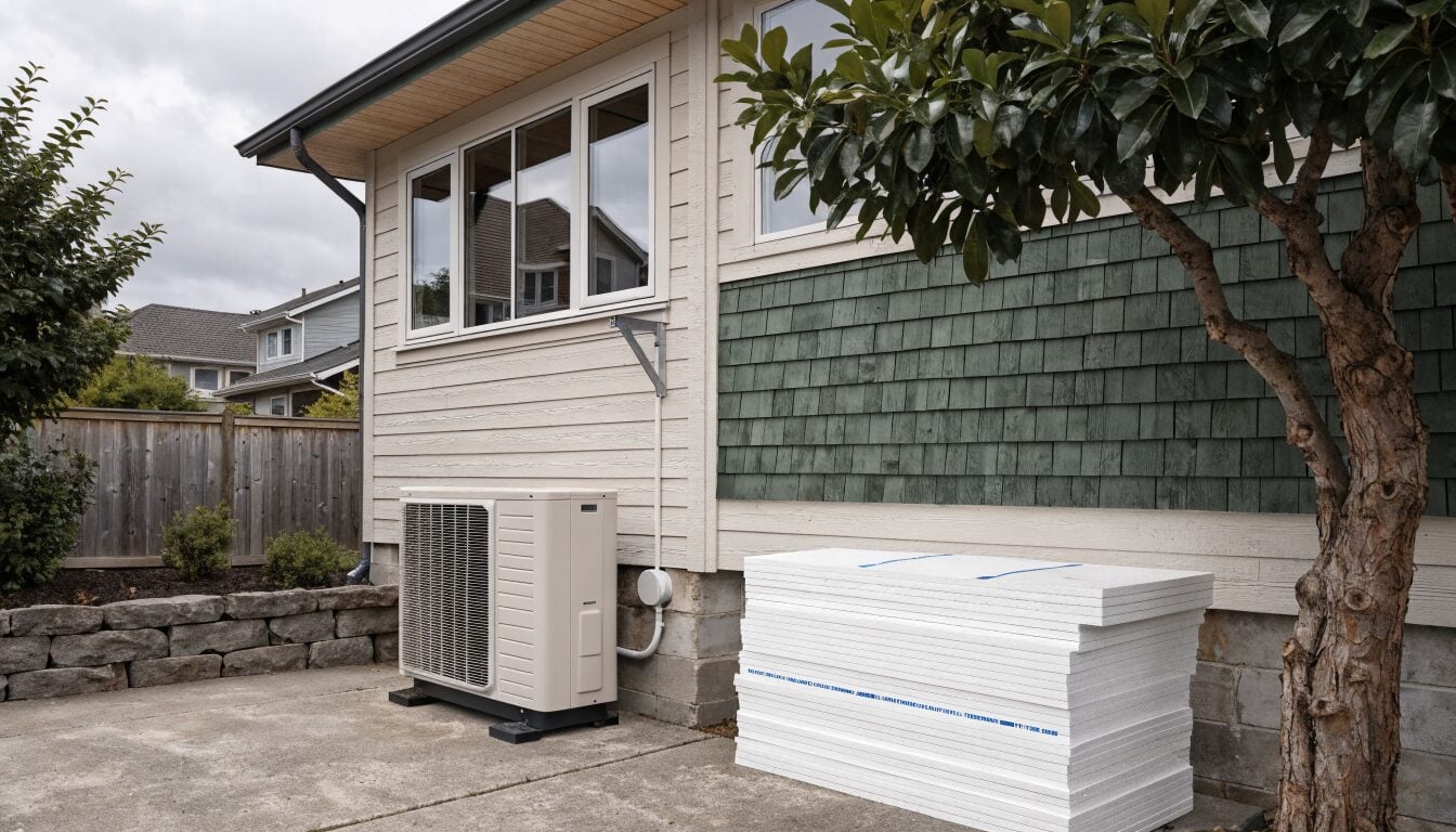 Vancouver home exterior with a new heat pump unit installed and fresh triple-pane windows being set, showing an energy efficiency upgrade in progress