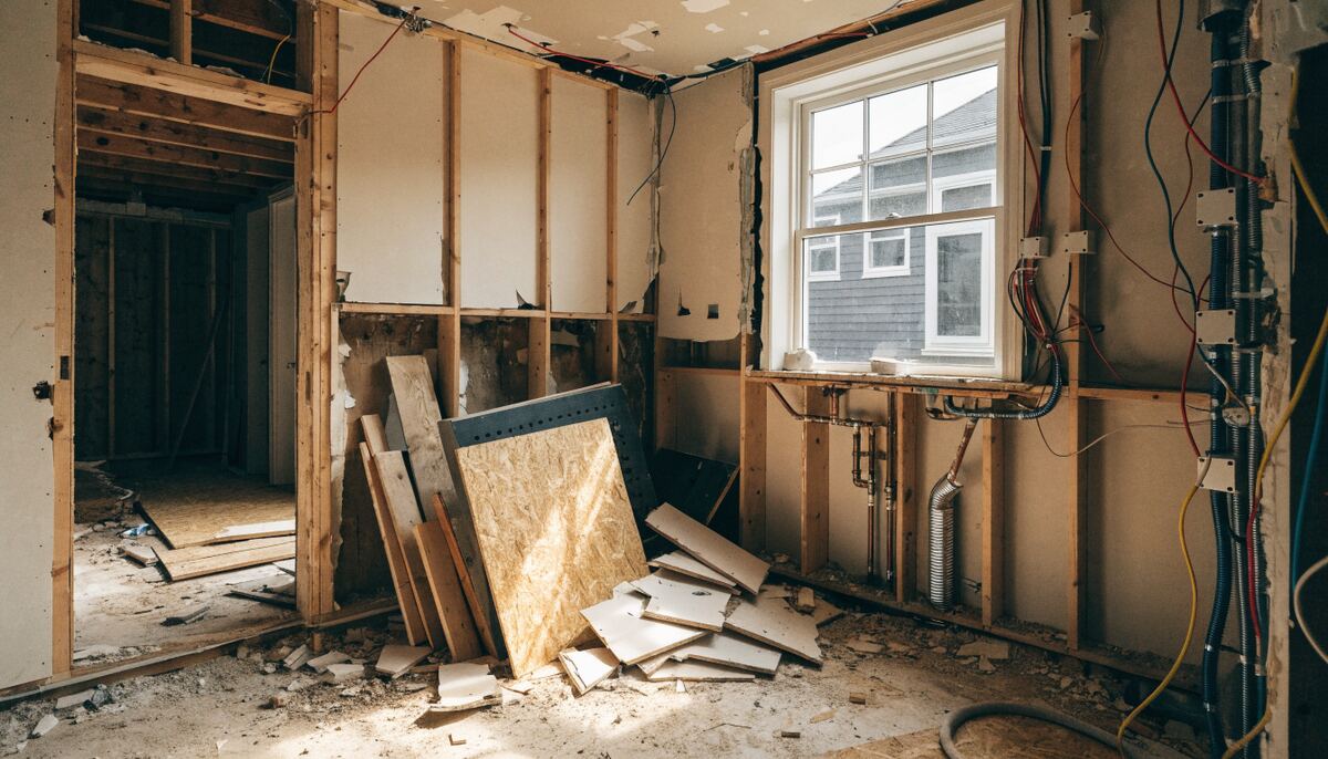 Kitchen gut renovation in progress with walls opened to studs, new electrical rough-in, and plumbing relocated