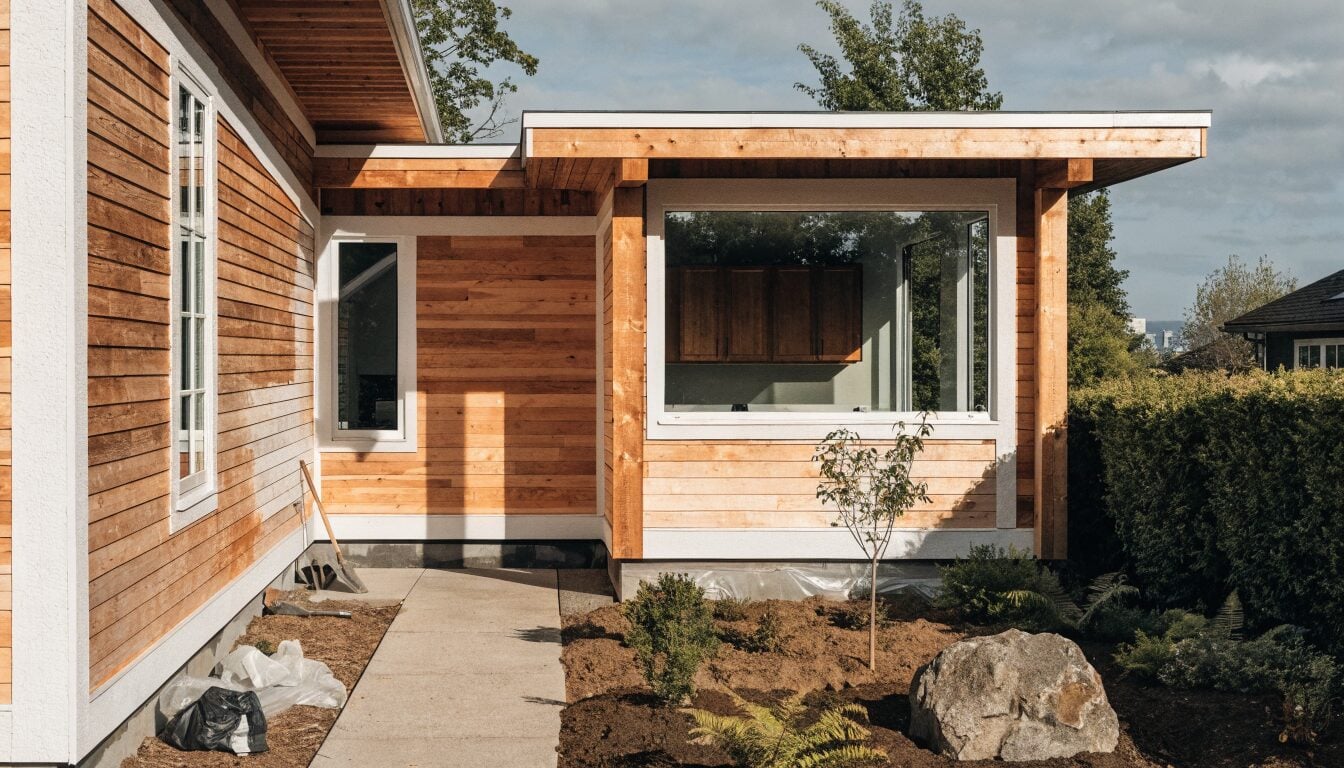 Vancouver West Coast contemporary home nearing renovation completion, fresh paint on cedar trim, restored front landscaping, kitchen cabinetry visible through window