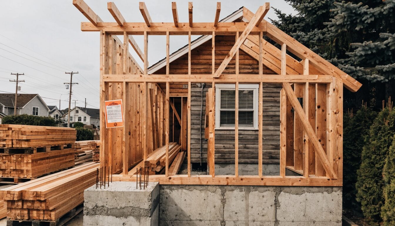Vancouver residential renovation framing milestone, fresh Douglas fir structure standing with building inspection permit notice tacked to the framing, showing an observable construction checkpoint