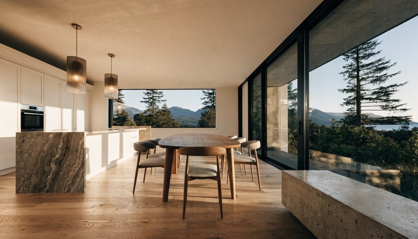 Completed open-plan kitchen and dining renovation in a Vancouver West Coast contemporary home, floor-to-ceiling windows with mountain views, white oak floors and quartzite island