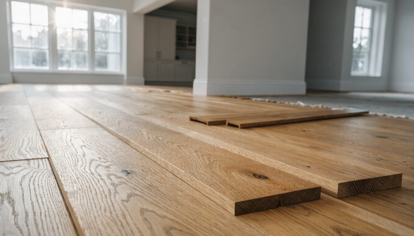 Engineered hardwood flooring installation in progress in a Vancouver home, warm oak planks being laid in a bright open living area