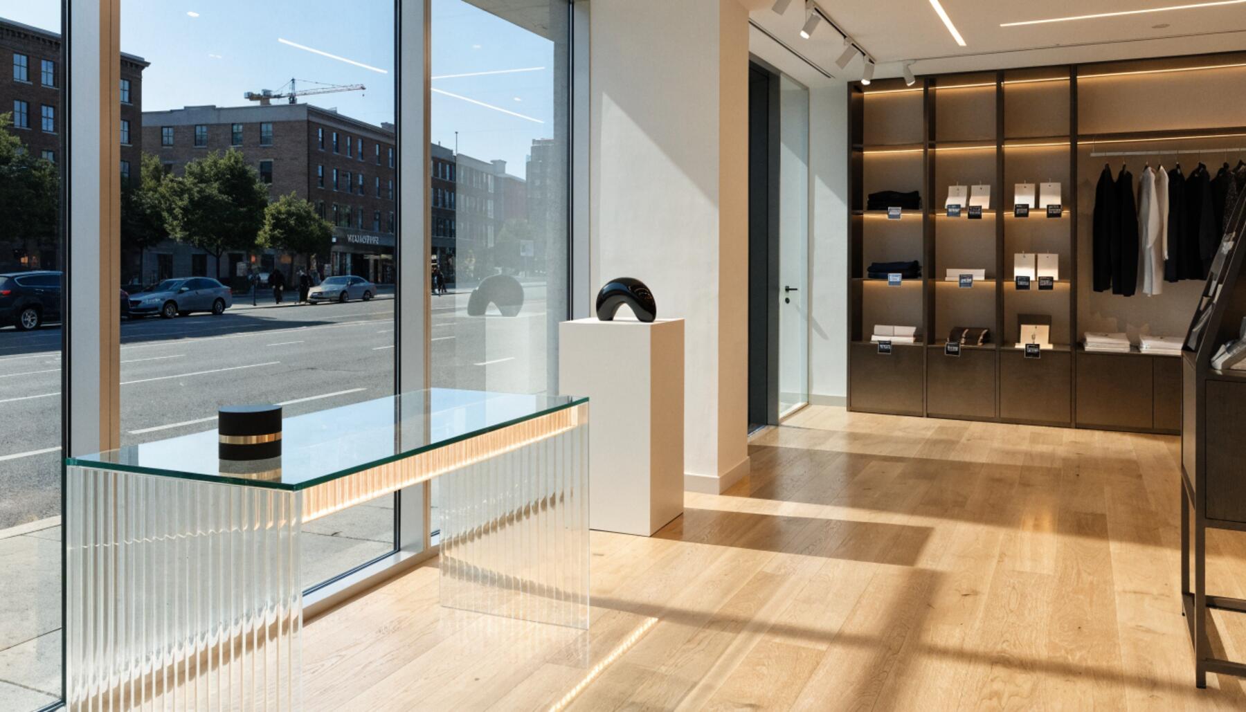 High-end retail storefront renovation in Vancouver with custom display shelving and warm accent lighting