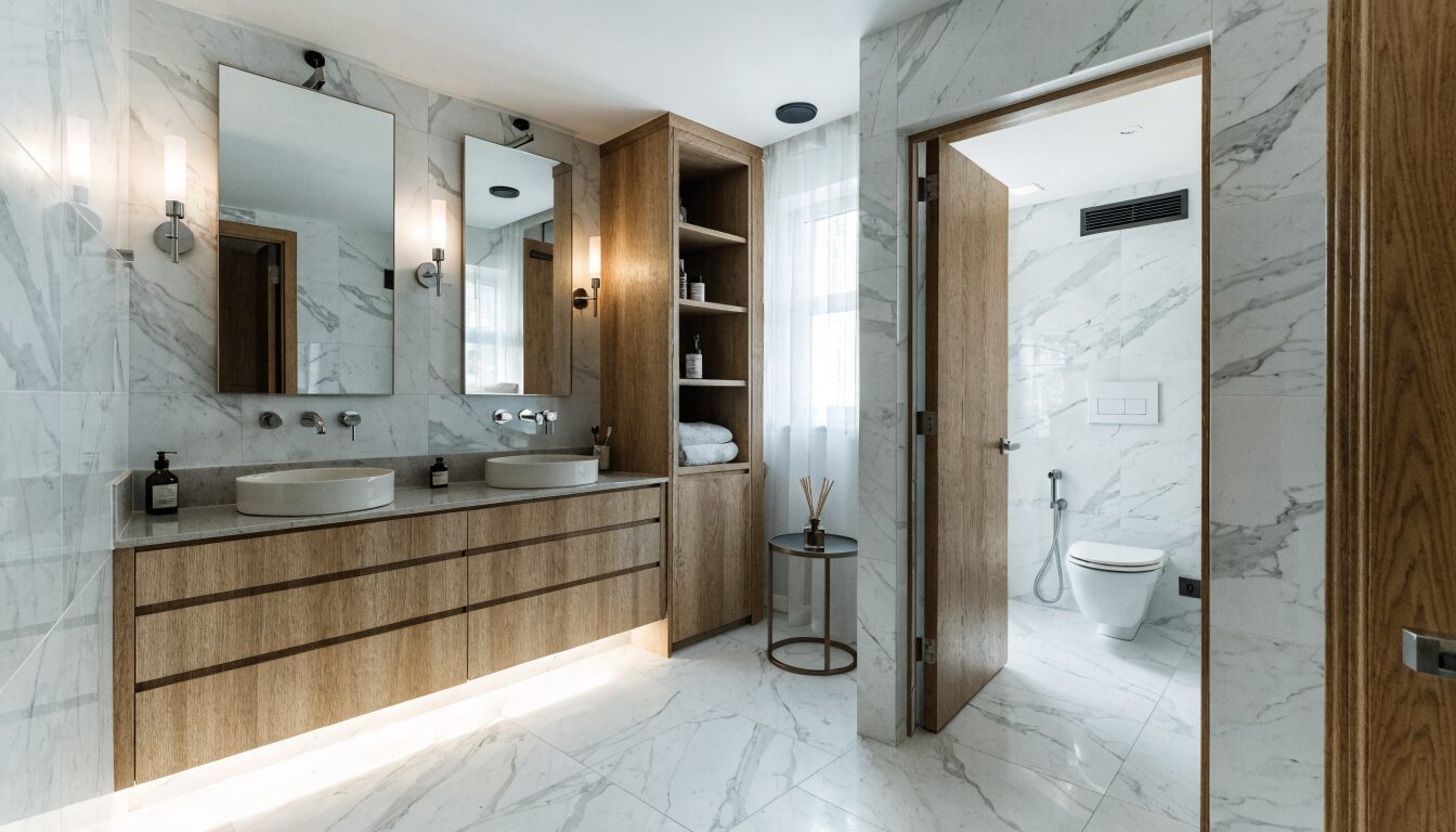 Primary suite bathroom renovation in a Coquitlam home: wet-room shower, heated tile floor, and frameless glass with views.