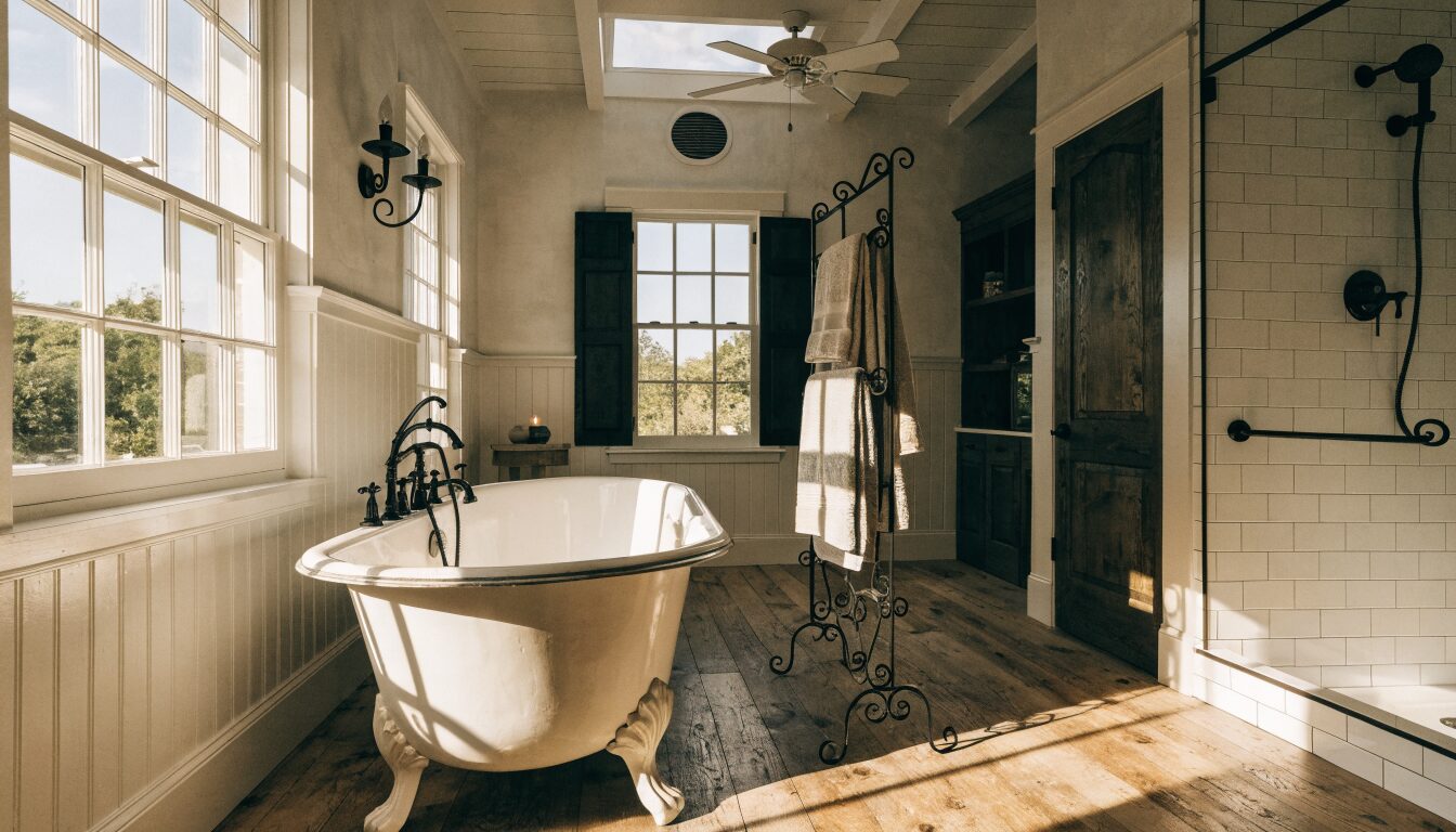 Renovated primary suite bathroom in a Langley BC home: heated tile floor, large walk-in shower, and contemporary vanity.