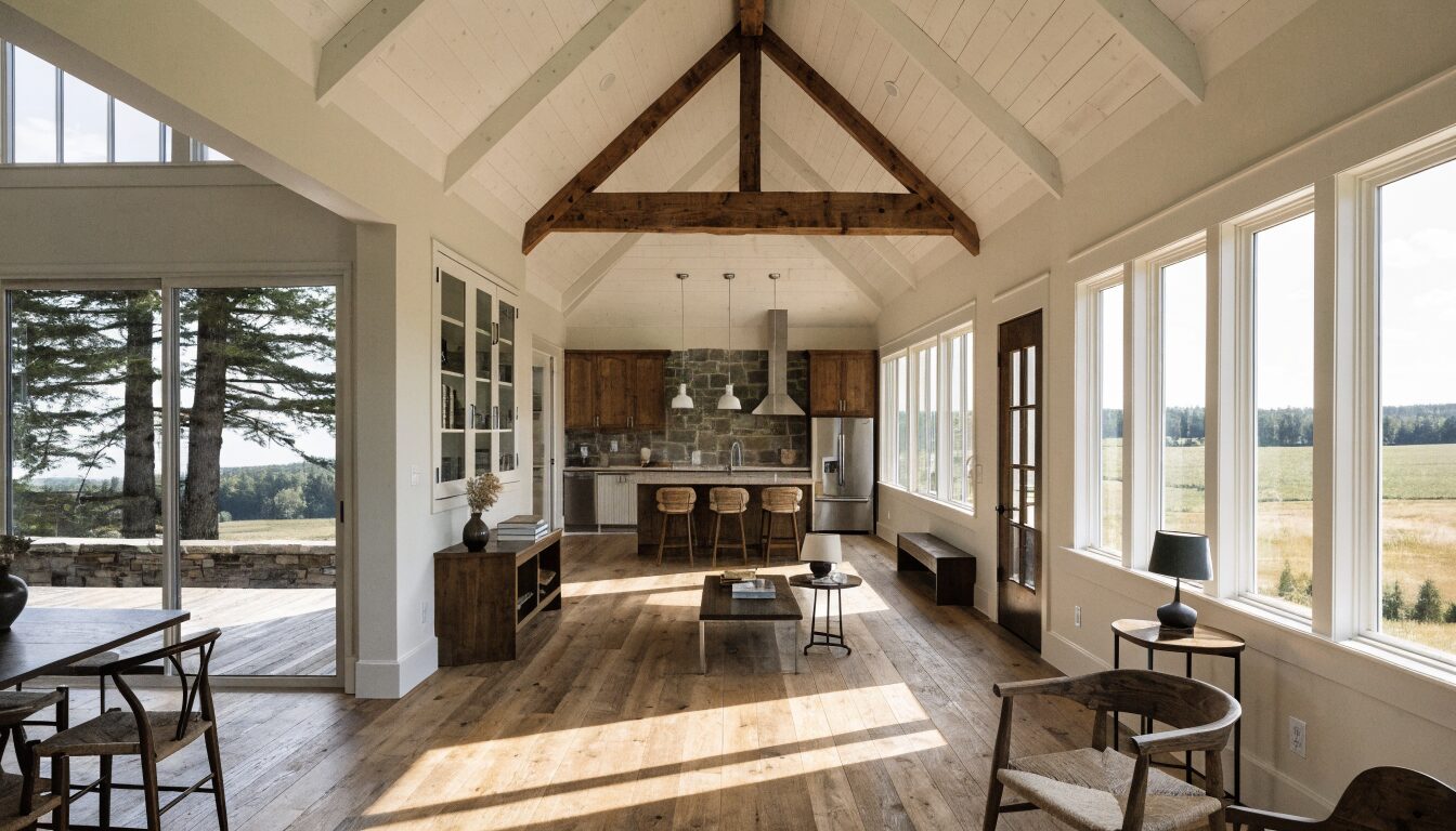 Open-plan renovated interior in a Langley BC home: updated kitchen, hardwood floors, and large windows overlooking a treed yard.
