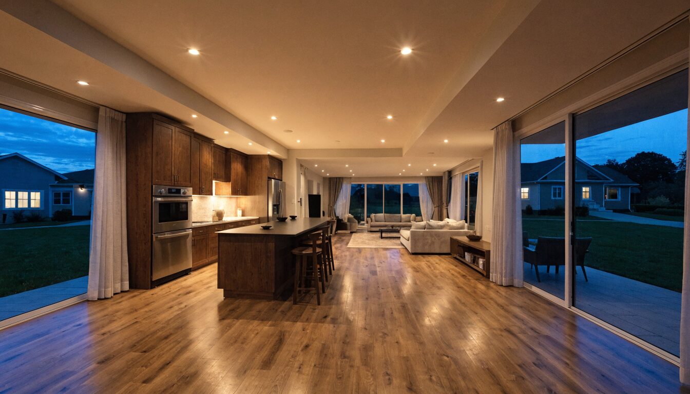 Open-plan interior of a renovated Surrey home showing contemporary kitchen and living area with natural light.