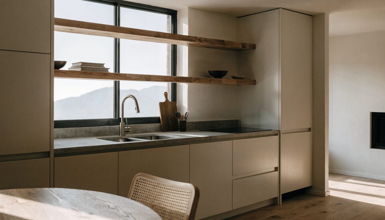 Renovated kitchen in a North Vancouver home: white cabinetry, stone countertops, and large windows with mountain views.
