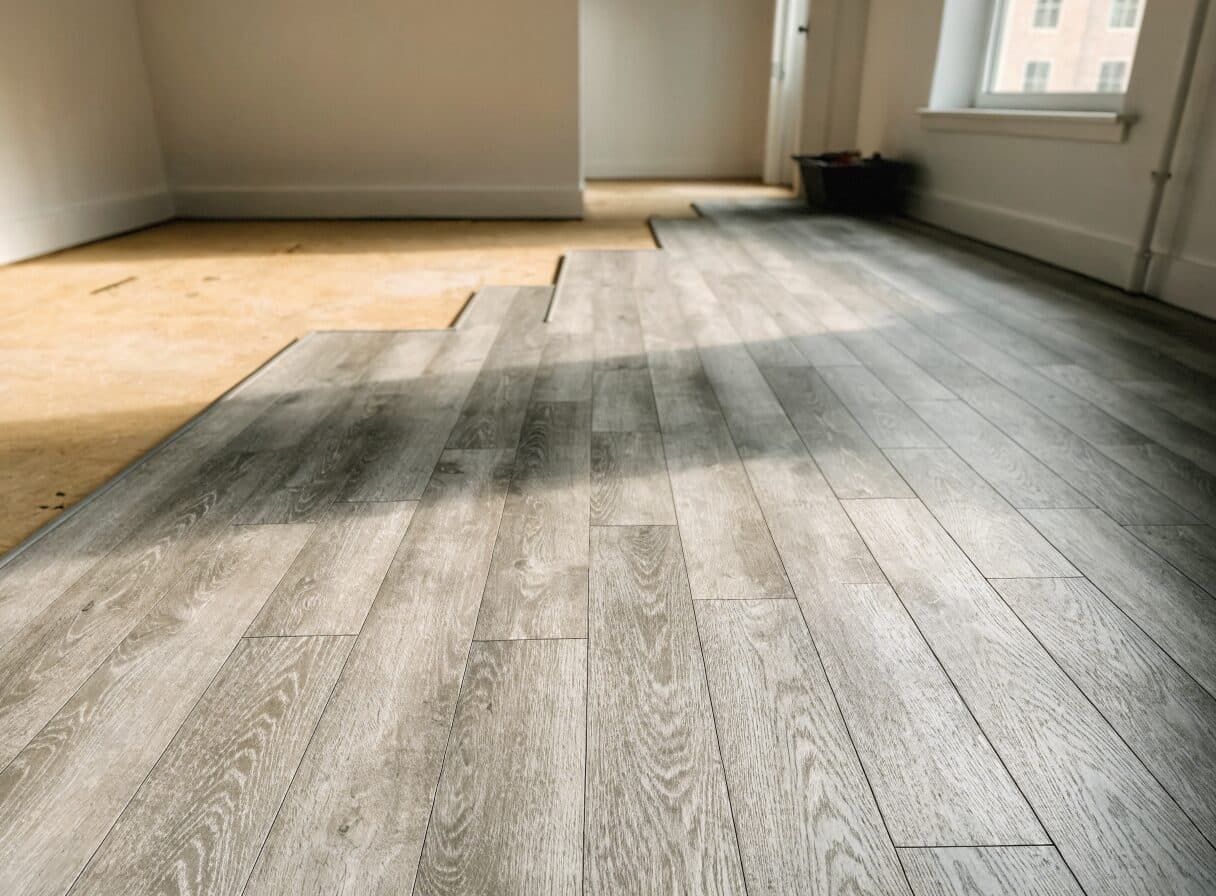 Grey LVP flooring being installed in a Vancouver rental apartment, rows snapped together with subfloor visible in background