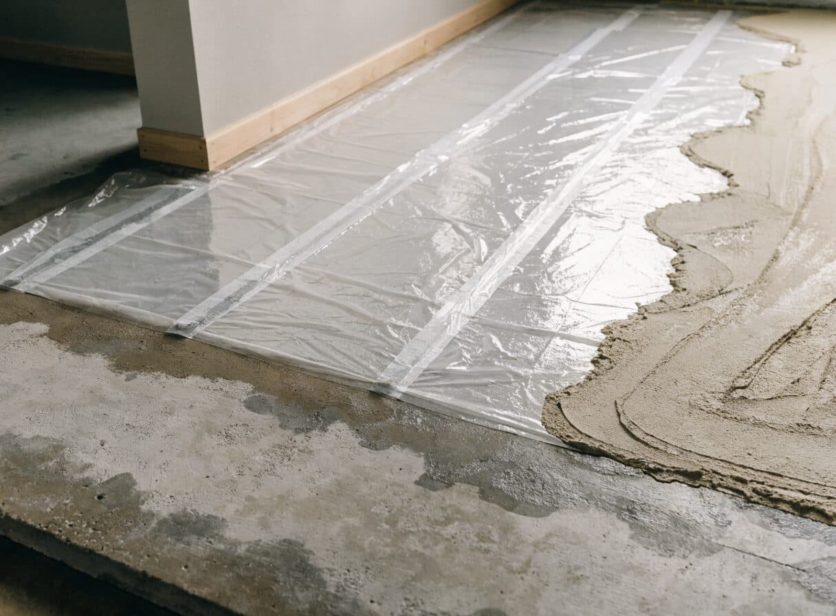 Concrete subfloor preparation with poly moisture barrier and leveling compound in a Vancouver home