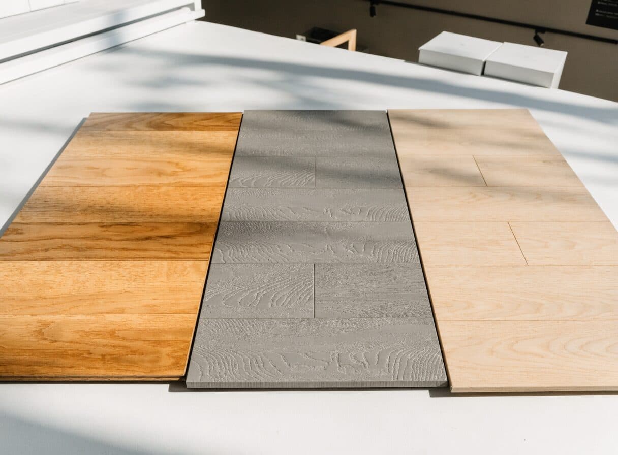 Three flooring samples side by side: warm engineered hardwood, grey LVP plank, and natural laminate for comparison