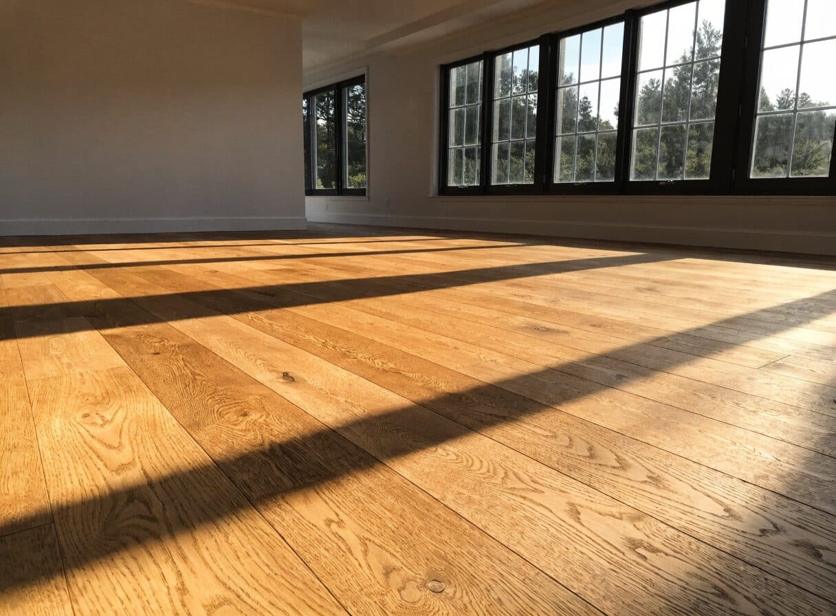 Completed wide-plank engineered hardwood floor in a bright Vancouver living room with afternoon light raking across the grain