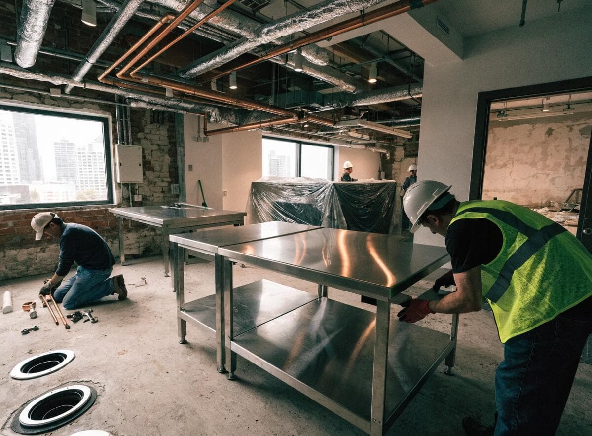 Commercial kitchen under construction in Vancouver restaurant with stainless steel prep surfaces being installed