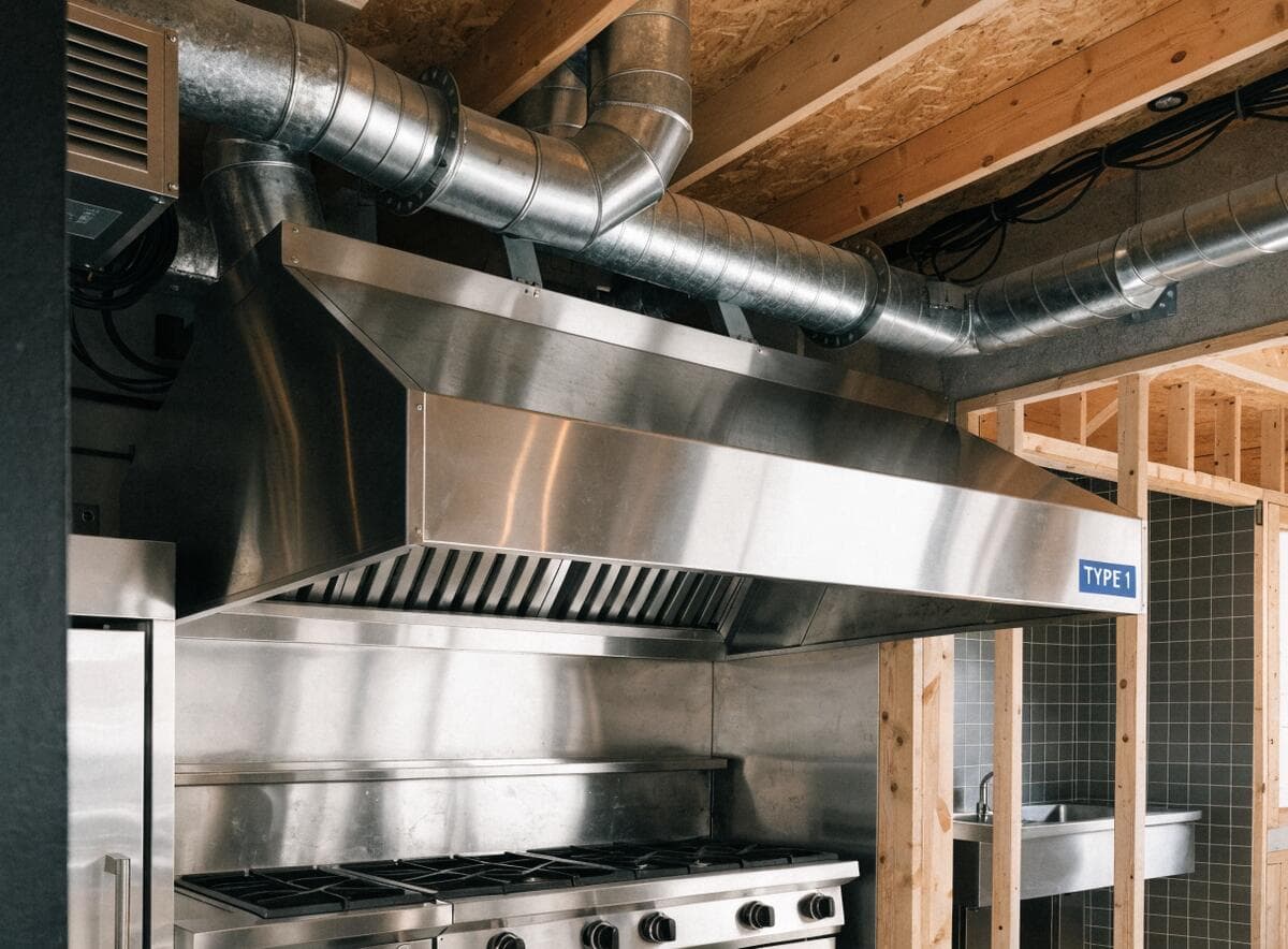 Type 1 commercial kitchen exhaust hood installation over commercial range in Vancouver restaurant