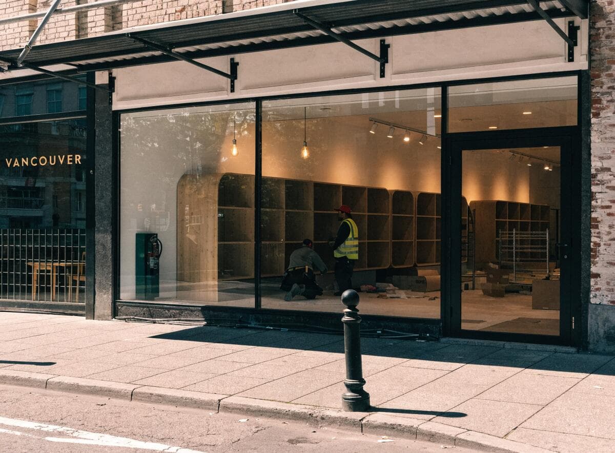 Vancouver retail storefront under construction with custom display shelving being installed