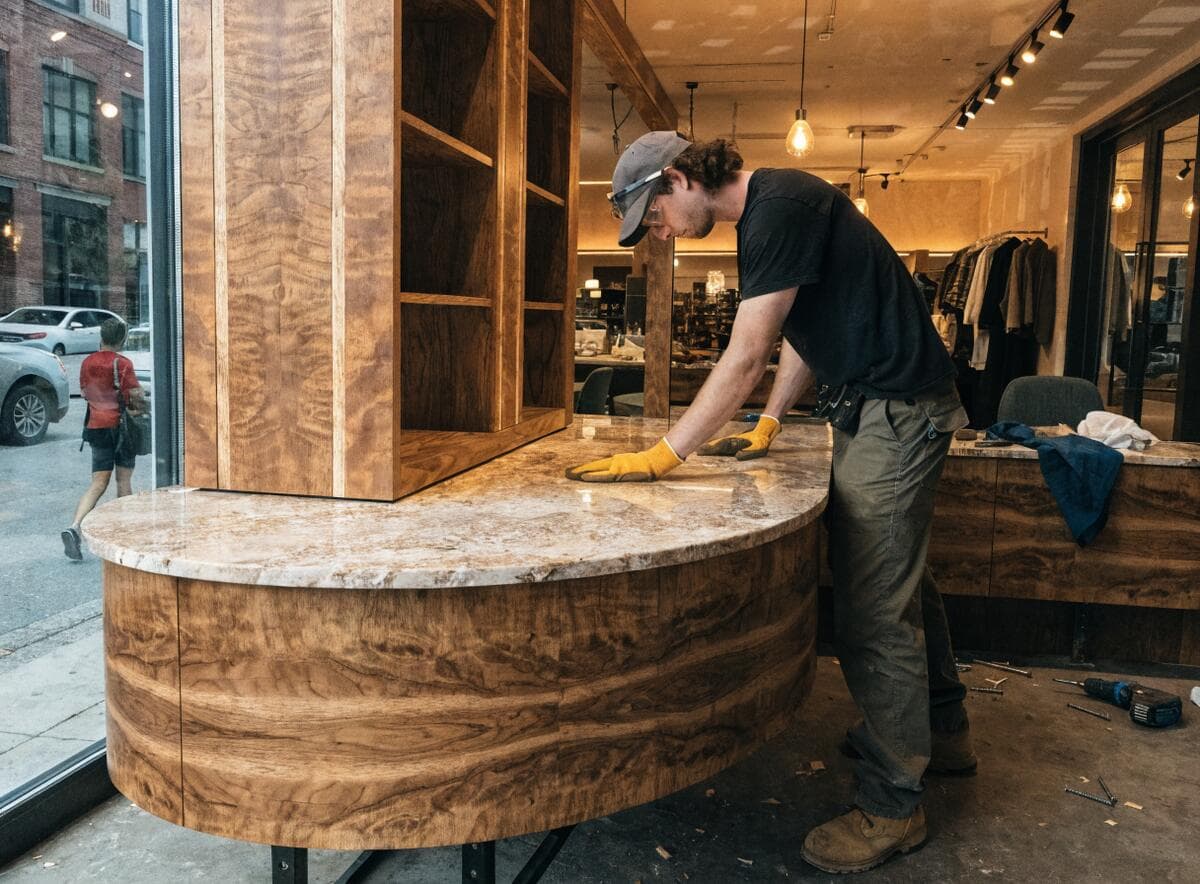 Custom cash wrap counter millwork installation in Vancouver boutique retail store
